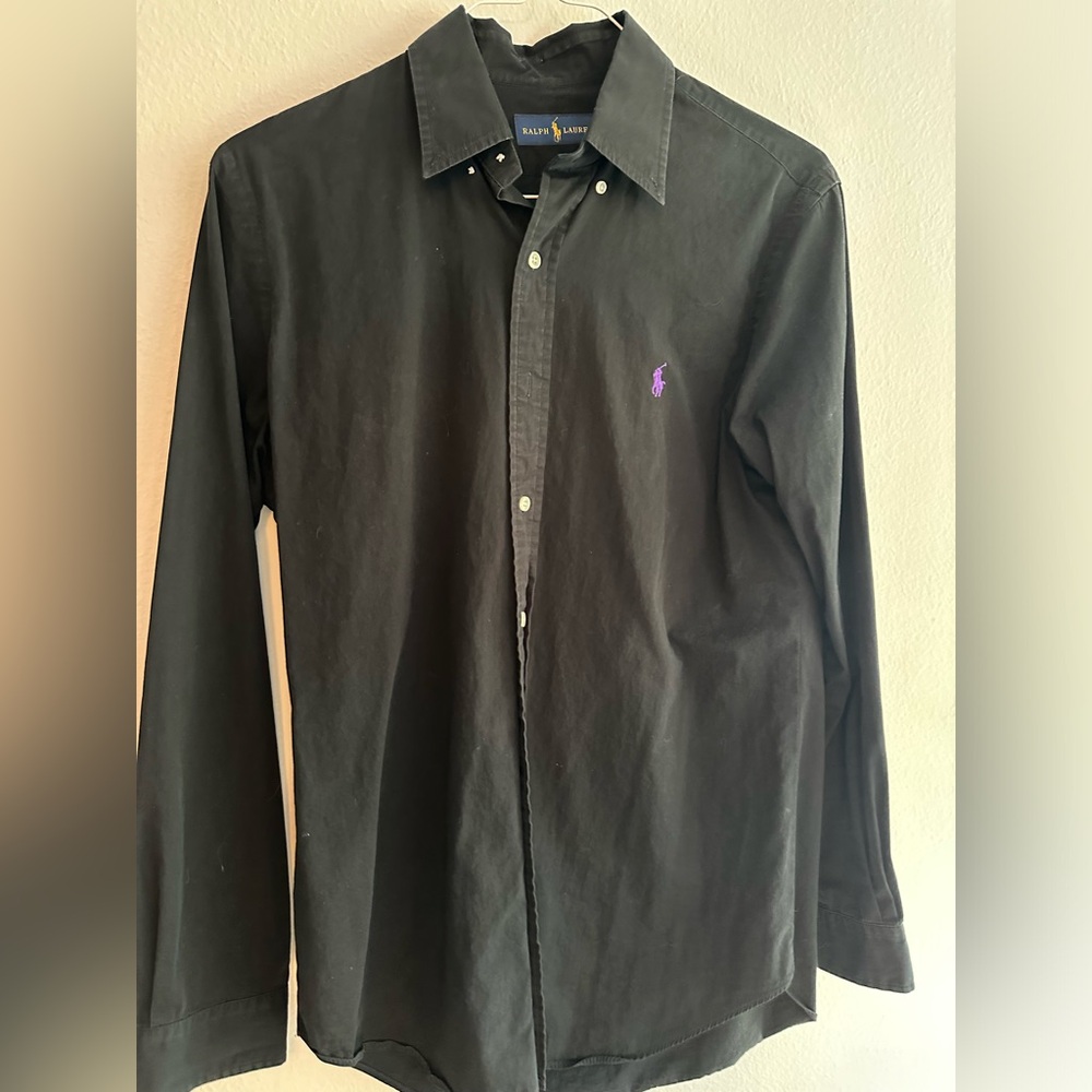 Ralph Lauren Black Button-Down Shirt with Purple Emblem